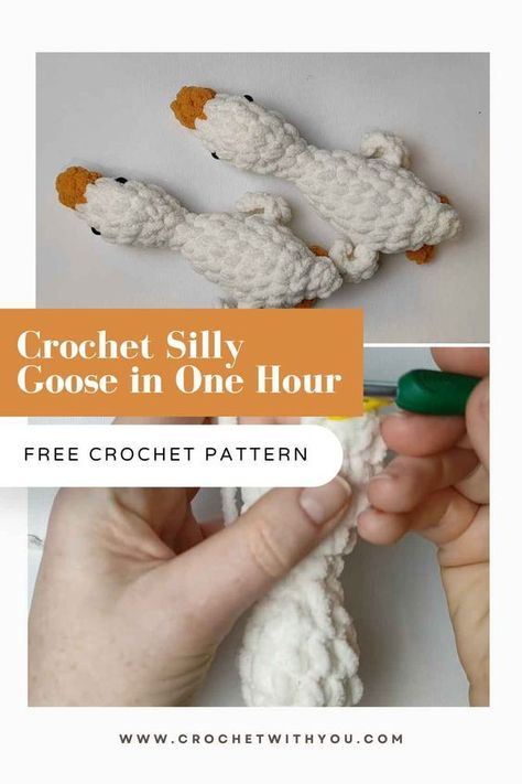 Crochet Silly Goose in One Hour CrochetProjects, DIYCrochet, CrochetPatterns Small Things To Crochet Ideas, Silly Crochet Ideas, Crochet Small Projects Gift Ideas, Quirky Crochet Patterns, Crochet Plush Keychain, Crochet Goose Pattern Free, Silly Crochet, Crochet Goose, Small Amigurumi