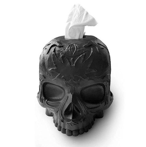 The Fear Of Life! The skull tissue box cover has a modern Gothic design to add to your home decor. It can be placed in multiple rooms around to create a unique effect, but highly functional as well. It comfortably covers Kleenex, puffs as well as most known square box tissue brands. Product Details: -Made Of Polyresin: Good quality, strong and sturdy. Built to last. With a weight of 2.7 lb. -Multi-use: Can be placed in Bathroom, on Shelving, Nightstands, Bedroom and Living room accessory,  -Goth Gothic Bathroom Decor, Gothic Bathroom, Spooky Halloween Gifts, Dresser Organizer, Vanity Dresser, Dark Home Decor, Goth Home, Goth Home Decor, Goth Decor