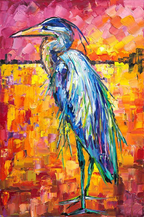 This Louisiana native Great Blue Heron, "Fred" is brought to life by Becky Fos in cool tones surrounded by a stunning splash of bright, warm tones mimicking a Louisiana summer sunset. Becky Fos Art, Louisiana Animals, Surfboard Art Decor, Southern Paintings, Louisiana Birds, Acrylic Art Ideas, Heron Painting, Abstract Artwork Painting, Pelican Art