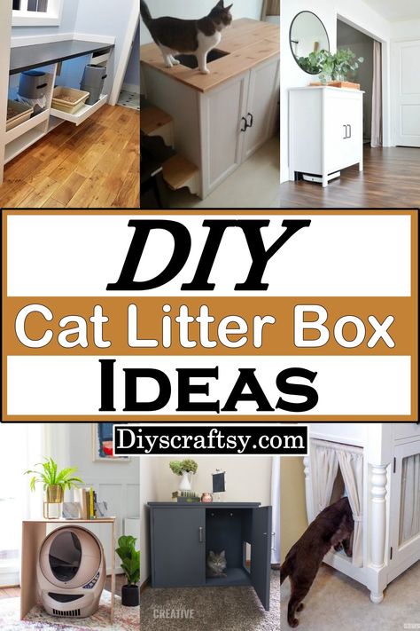 16 DIY Cat Litter Box Ideas You Can Make Easily - DIYs Craftsy Kitty Litter Box Ideas Diy, Diy Cat Bathroom, How To Hide Cat Litter Box Diy Ideas, Diy Enclosed Cat Litter, Wooden Cat Litter Box Cover Diy, Big Cat Litter Box Ideas, Covered Cat Litter Boxes Diy, Litter Tray Ideas, Creative Cat Litter Solutions