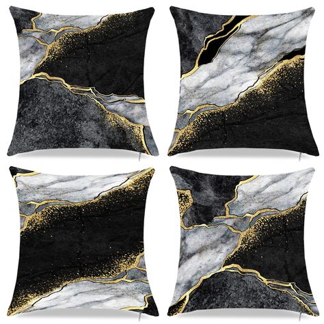 PRICES MAY VARY. Polyester GOOD QUALITY: Black Marble living room decor pillow covers Made of high quality polyester peach, the set of 4 black and Gold decorative pillow covers are comfortable, soft and durable. SIZE: black gray throw pillows Pillow Covers Size: 18 x 18 Inches /45cm x 45cm (1-2cm Deviation), Fit for 18 x 18 Inch / 20 x 20 Inch Pillow Inserts,please allow 1-2 cm deviation due to manual measurement. The black and Gold accent pillows pillowcases do not come with inserts to fill the Green Couch Pillows, Gold Decorative Pillows, Green Pillow Cases, Marble Pillow, Black Pillow Covers, Gold Throw Pillows, Gold Living, Black And Gold Marble, Living Room Decor Pillows