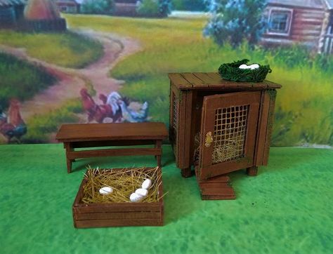 Coop for a doll house. Сhicken coop. Handcrafted miniature. | Etsy Miniature Chicken Coop, Doll Garden, Doll House Crafts, Hen House, Poultry Farm, Christmas Nativity Scene, Miniature Animals, Handmade Miniatures, Dollhouse Accessories