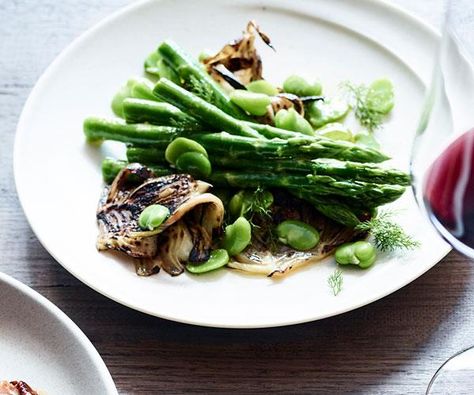 Grilled fennel and asparagus salad recipe - Blanch fennel and asparagus until not quite tender but just softened (1-2 minute). Drain well and cool. Broad Bean Recipes, Spring Cooking, Grilled Fennel, Gluten Free Chocolate Muffins, Asparagus Salad Recipe, Fennel Recipes, Spring Salad Recipes, Asparagus Recipes, Roasted Fennel