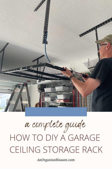 Garage Door Ceiling Storage, Diy Garage Ceiling Storage, Ceiling Storage Garage, Garage Storage Bins Ceiling, Ceiling Rafter Garage Shelf Hangers, Diy Overhead Garage Storage, Small Garage Organization, Garage Storage Units, Ceiling Storage Rack