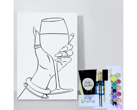 Drinking Painting Ideas, Paint And Sip Ideas Step By Step, Pre Drawn Canvas, Adult Birthday Party Ideas, Acrylic Paint Colors, Diy Paint Party, Hijab Hipster, Painting Guide, Disposable Aprons