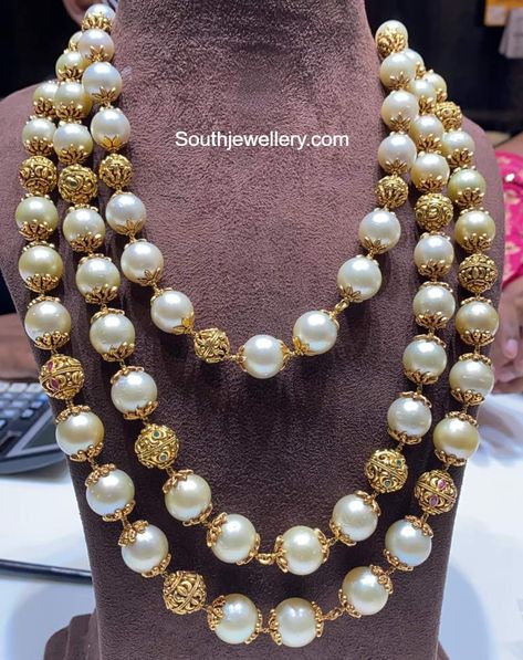 Nakshi Pearl Mala, South Sea Pearls Indian Jewellery, Nakshi Balls Mala, Nakshi Balls, Pearls Chains, Big Pearl Necklace, Victorian Vases, Antique Style Jewelry, Pearl Mala