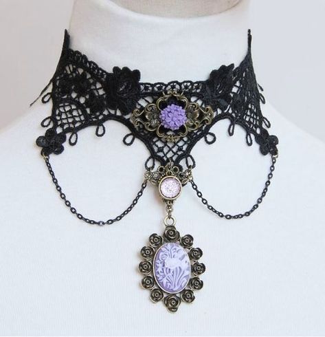 Purple Steampunk, Cameo Choker Necklace, Tattoo Choker Necklace, Tattoo Choker, Choker Necklace Designs, Purple Style, Steam Punk Jewelry, Choker Collar Necklace, Lace Necklace