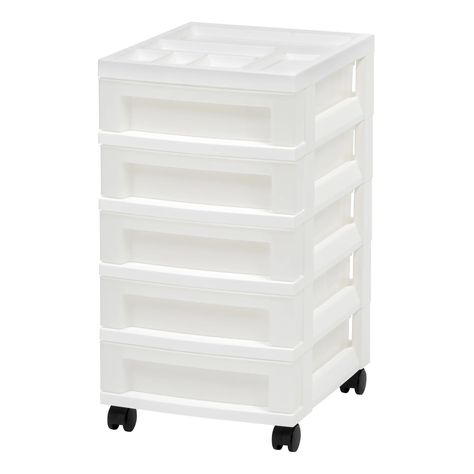 IRIS USA, 5-Drawer Narrow Plastic Storage Drawer Cart with Organizer Top, White - Walmart.com Drawer Cart, Plastic Storage Drawers, 5 Drawer Storage, Organization Cart, Craft Space, Utility Storage, Plastic Drawers, Storage Towers, Storage Cart