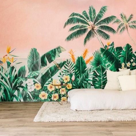 Love this peach and green tropical wallpaper! Tropical Chic Decor, Palms Wallpaper, Tropical Interiors, Etsy Wishlist, Palm Trees Wallpaper, Tropical Interior, Tropical Bedrooms, Tree Wall Murals, Popular Interior Design