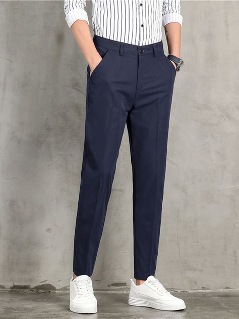 Navy Blue    Polyester Plain   Non-Stretch All Men Suits & Separates Mens White Dress Pants, Casual Pants Men, White Dress Pants, Khaki Dress Pants, Formal Pants, Navy Blue Pants, Korean Fashion Casual, Blue Trousers, Mens Dress Pants