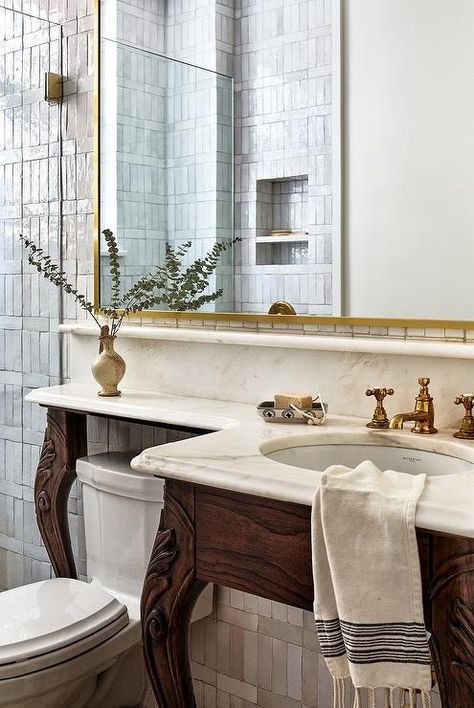 French Bath Vanity with Cabriole Legs - French - Bathroom Vanity With Tile Backsplash, Kohler Brockway Sink, Grey Quartz Countertop, Penny Backsplash, Pool House Bathroom, Antique Brass Sconces, French Bathroom, Brown Dresser, Black Floor Tiles