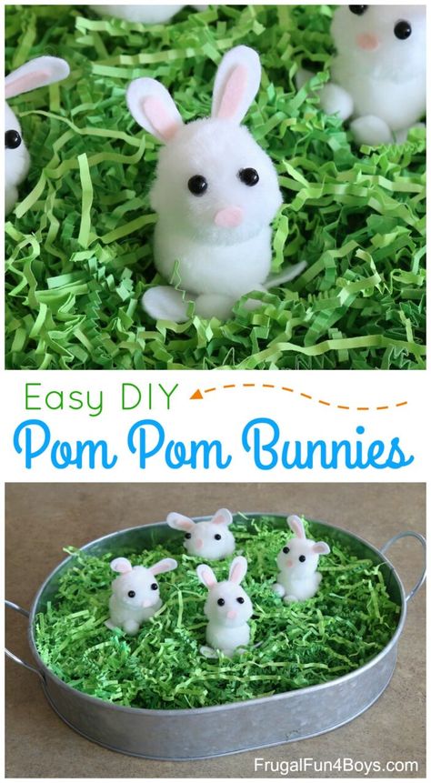 Pom Pom Bunnies Spring Craft - Frugal Fun For Boys and Girls Lego Easter Basket, Spring Bunny Crafts, Lego Easter, Pom Pom Bunnies, Pom Pom Balls, Bunny Craft, Bunny Ideas, Easter Arts And Crafts, Rabbit Crafts