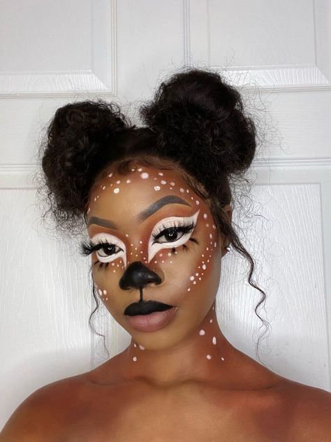 Easy Fantasy Makeup, Doe Makeup Halloween, Halloween Face Makeup For Women, Fun Halloween Makeup Looks, Animal Costumes Women Diy, Deer Face Makeup, Makeup Halloween Ideas Creative, Cow Makeup Look, Animal Halloween Makeup