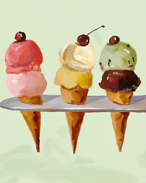 Esther Pai on Instagram: “Feels like summer already! 🍦☀️ Wayne Thiebaud-inspired ice cream cones. . . Artist: @pai.esther . . © 2022 Esther Pai #art #painting…” Wayne Thiebaud Ice Cream, Painting Ice Cream, Ice Cream Painting, Ice Cream Swirl, Ice Cream Illustration, Ice Cream Art, Wayne Thiebaud, Feels Like Summer, Cream Art