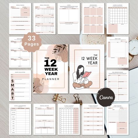 12 Week Year Planner Template | Printable 90 Day Goal Planner SMART Goal Setting Editable 12-Week Year Template Canva Template Task Tracker 12 Week Year Templates Free, 12 Week Year Templates, Year Planner Template, 12 Week Planner, 12 Week Year Planner, Goal Planner Template, 12 Week Year, Planner Template Printable, College Studying