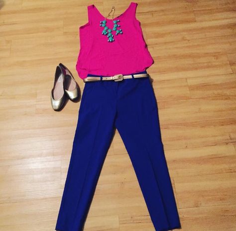 Blue Pants Pink Shirt Outfit, Pink And Royal Blue Outfit, Royal Blue Work Pants Outfit, Blue And Fuschia Outfit, Colbolt Blue Outfit, Hot Pink Blouse Outfit Work, Hot Pink And Blue Outfit, Aqua Pants Outfit, What To Wear With Blue Pants