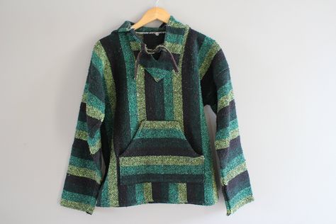 Size M GRUNGE Baja Pullover Green DRUG RUG Hippie Pixie Hooded Mexican Serape Hoodie Sweater Vintage UnisexT287A Baja Jacket, Cute Jumpers, Blanket Jacket, Baja Hoodie, Quirky Style, Grey And Green, Hype House, Fashion Boards, Striped Pullover