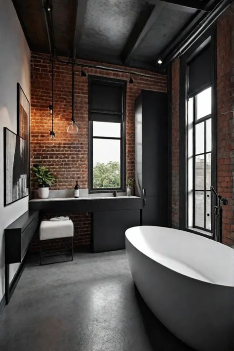 Industrial bathroom concrete flooring minimalist design Poured Concrete Bathroom Floor, Black And Concrete Bathroom, Bathroom With Concrete Floor, Concrete Floors Bathroom, Bathroom Ideas Industrial, Concrete Floor Bathroom, Minimalist Industrial Interior Design, Loft Bathrooms, Bathroom Concrete Floor