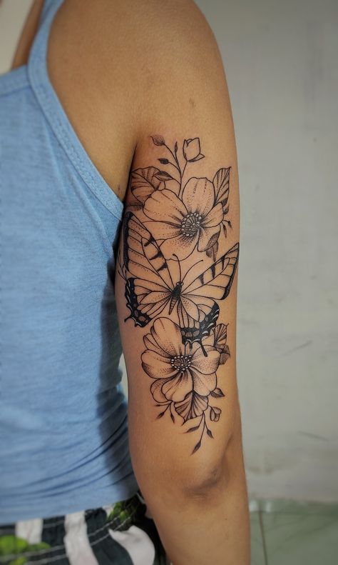 Butterfly And Flower Tattoo Designs, Butterfly And Flower Tattoo, Above Elbow Tattoo, Bicep Tattoo Women, Butterfly Thigh Tattoo, Inside Of Arm Tattoo, Butterfly Tattoos On Arm, 42 Tattoo, Inner Bicep Tattoo