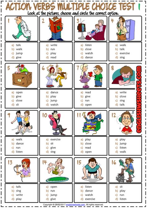 Action Verbs ESL Printable Multiple Choice Test for Kids English Classes For Kids, Vocabulary Games For Kids, Verbs Vocabulary, Action Verbs Worksheet, Verbs Esl, Verbs For Kids, Verbs Activities, Test For Kids, Multiple Choice Test