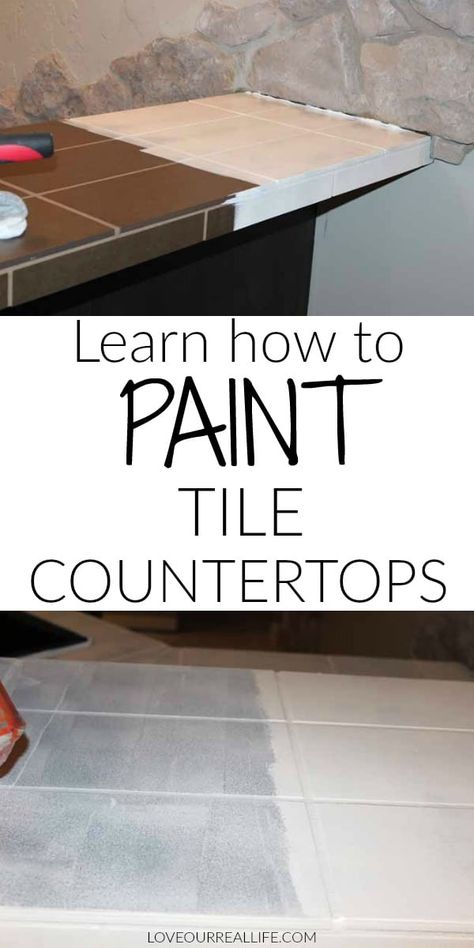 Learn how to paint outdated tile countertops for a kitchen makeover. If replacing counters aren't in the budget, this is a great solution for more modern decor in your home. If you have ugly counters like I did, click through for a full tutorial. #paintedtile #kitchenmakeover #countertop Painting Tile Kitchen Countertops, Paint Tile Countertops Kitchen Counters, Covering Tile Countertops Diy, Painting Kitchen Tile Countertops, Painting Tile Countertops Bathroom, How To Paint Tile Countertops, Tile Countertops Kitchen Makeover, Painting Tile Countertops Kitchen, Paint Kitchen Tile Countertops