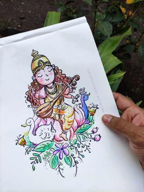 Saraswati mata is goddess of Art, music and language . Indian people pray goddess Saraswati everyday and special occasion like basant panchami Saraswati Illustration, Saraswati Mata Drawing, Saraswati Goddess Paintings, Basant Panchami Drawing, Lord Saraswati, Saraswati Painting, Saraswati Mata, Diy Crafts For School, Basant Panchami