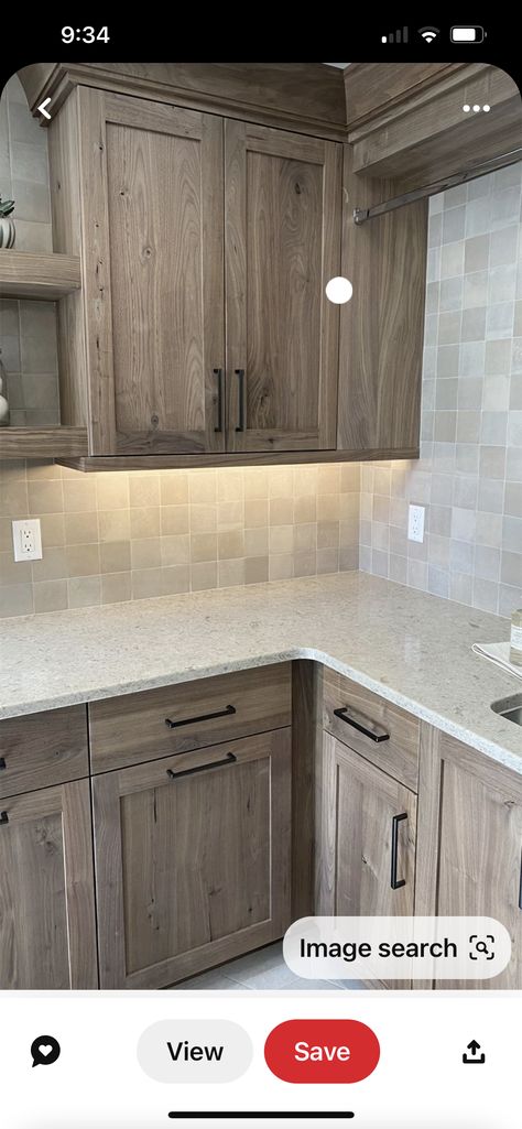 Ash Stained Cabinets, Grey Gel Stain Over Maple Cabinets, Sandy Color Kitchen Cabinets, Gray Hickory Kitchen Cabinets, Kitchen Counter And Cabinet Combinations, Greige Stained Kitchen Cabinets, Kitchen Ideas Black Accents, Light Wood Kitchen Cabinets Dark Floor, Weathered Oak Cabinets Kitchens