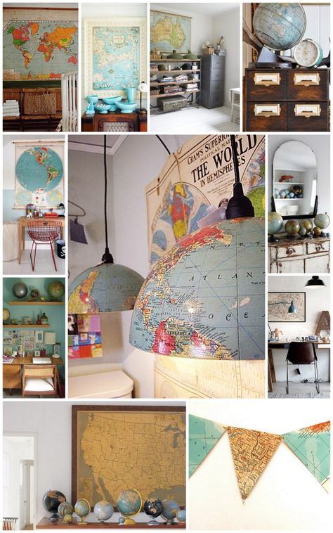 I love vintage maps and globes!  <3 Geography Themed Bedroom, Map Themed Bedroom, Wanderlust Bedroom, Vintage Boys Bedrooms, Globe Projects, Travel Themed Room, Old Globe, Map Ideas, Map Room