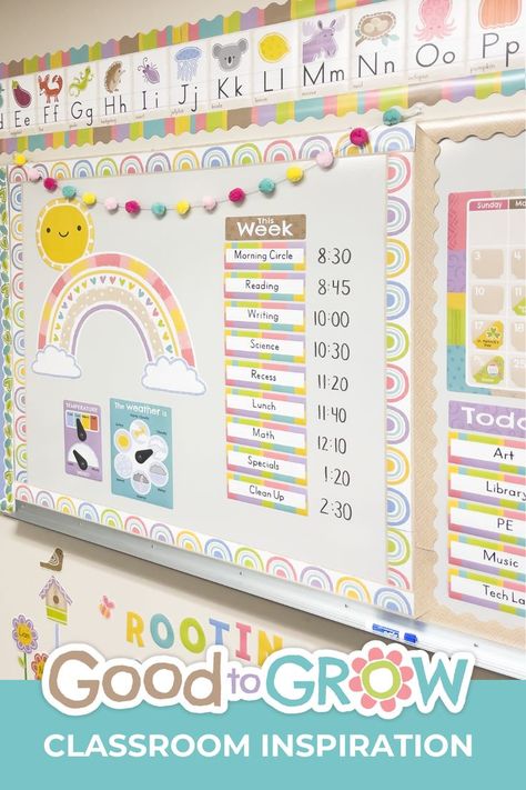 Classroom decorations featuring a class schedule, weather display and alphabet line. Preschool Displays, Teaching Classroom Decor, Daycare Classroom, Encouraging Messages, Weather Display, Daycare Design, Hallway Displays, Classroom Schedule, Classroom Decor Themes