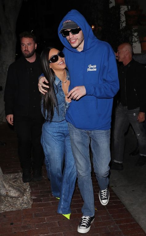 Blissful in All Blue from Kim Kardashian and Pete Davidson's Double Date Night With Jeff Bezos & Lauren Sanchez on E! Online Pete And Kim, Kim Kardashian Boyfriends, Kim Kardashian And Pete Davidson, Amazon Jeff Bezos, Lauren Sanchez, Double Denim Looks, Pete Davidson, Jeff Bezos, Double Denim