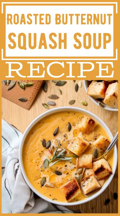 Simple Roasted Butternut Squash Soup Recipe Recipe Butternut Squash Soup, Butternut Squash Soup Protein, Oven Roasted Butternut Squash Soup, Roasted Butternut Squash Soup Recipes, Recipes Few Ingredients, Squash Soup Butternut, Simple Butternut Squash Soup, Roasted Butternut Squash Seeds, Butternut Squash Soup Crockpot