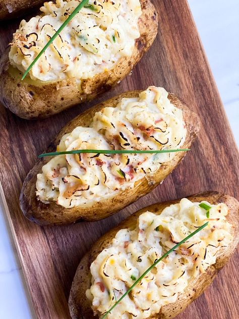 Boursin Cheese Twice Baked Potatoes - DeSocio in the Kitchen Buttery Baked Potatoes, Twice Baked Potatoes With Boursin Cheese, Fancy Twice Baked Potatoes, Boursin Baked Potato, Boursin Twice Baked Potato, Double Stuffed Baked Potatoes, Boursin Potatoes, Vday Dinner, Double Baked Potatoes