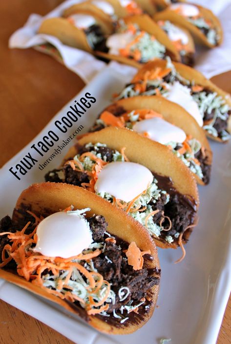 Faux Taco Cookies | The Rowdy Baker Taco Cookies, Cookies And Frosting, Tacos Homemade, Orange Food Coloring, Make Cookies, Marshmallow Cream, Wafer Cookies, Party Food And Drinks, Marshmallow Fluff