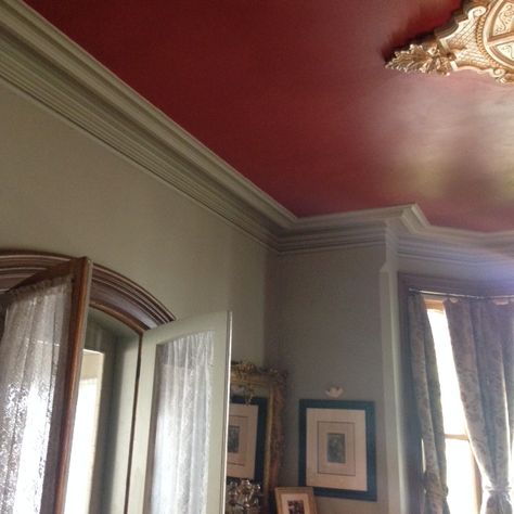 Dining room in our home. I painted the ceiling 'Eating Room Red' #43 - seemed appropriate! The walls are 'French Gray' #18 on the walls and cornices. Burgundy Ceiling, Burgundy Room, Eating Room, Red Ceiling, Paint Walls, Crochet Cat Bed, Interesting Interiors, French Gray, Victorian Decor