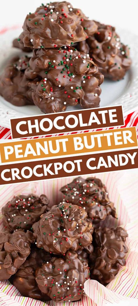 Crockpot Candy Recipe - This Chocolate Peanut Butter Crockpot Candy are delicious peanut clutters that are wrapped in creamy peanut butter, milk chocolate, and peanut butter chips. They're made in the slow cooker and are scooped onto wax paper to harden. Sprinkle with Christmas sprinkles for the perfect Christmas candy! #candy #christmas #cookiedoughandovenmitt #dessertrecipes Crockpot Christmas Candy, Chocolate Bark Candy, Peanut Clusters In Crockpot, Crockpot Candy Recipes, Peanut Butter Bark, Slow Cooker Candy, Slow Cooker Christmas, Crockpot Christmas, Chocolate Peanut Clusters