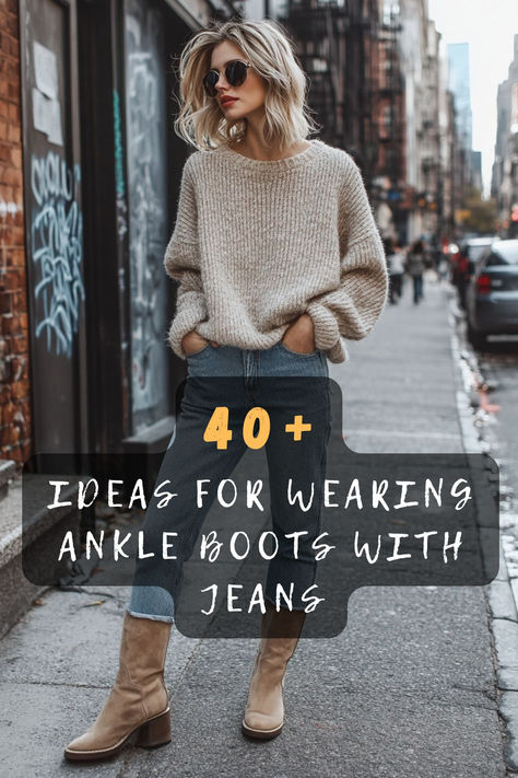 Discover 40 stylish ideas on how to wear ankle boots with jeans. 👢👖 These fashion-forward tips include pairing techniques, color combinations, and accessory choices that elevate your outfit. Ready to step up your style game? Click to explore all the chic ideas! #AnkleBoots #JeansStyle #FashionTips #ChicOutfits #StyleInspiration How To Style Jeans And Boots, Cropped Jeans Boots Outfit, Sweater Jeans And Boots Outfit, Cropped Pants With Ankle Boots, Jeans With Boots 2024, Brown Suede Ankle Boots Outfit, How To Style Boots With Jeans, How To Wear Booties With Jeans, How To Wear Boots With Jeans