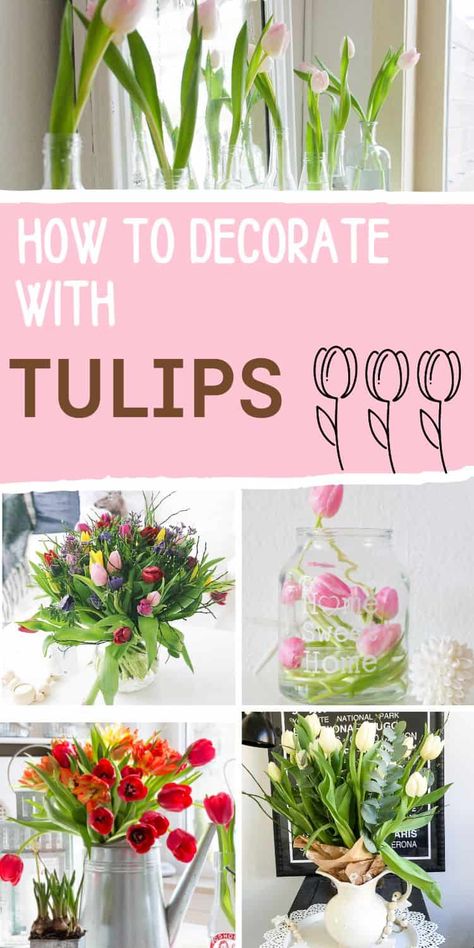 Easy Tulip Decorating Ideas (perfect for spring) Decorating With Tulips, Tulip Display Ideas, Tulip Centerpiece Simple, Flower Decorations At Home, Flower Arrangements With Tulips, Tulips Table Decor, Tulip Flower Arrangements, Tulip Arrangement Ideas, Tulip Decorations