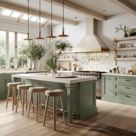 Green Kitchen Inspiration, Green Kitchen Island, Moms Kitchen, Mom Kitchen, Casa Country, Dream Kitchens Design, Farmhouse Kitchen Design, Coastal Kitchen, Kitchen Inspiration Design