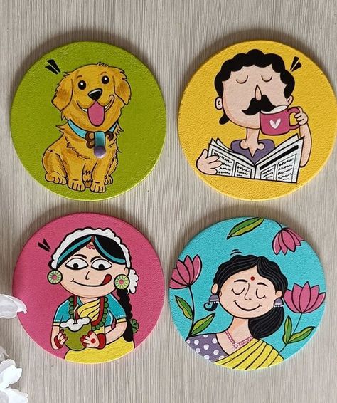 Quirky colorful coasters ! #handpainted #coasters #teacoasters #colorful #quirk #handmadecoasters #handmadeart #homedecor #homedecorindia #handmadewithlove #tohfafactory Handpainted Coasters Ideas, Circular Canvas Painting, Coaster Painting, Handpainted Coasters, Colorful Coasters, Diy Embroidery Art, Cd Wall Art, Circular Canvas, Andrew Loomis