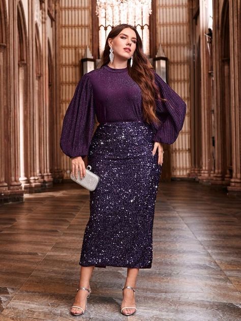 Plus Size Sequin Skirt, Purple Skirt Outfit, Soiree Outfits, Long Purple Skirt, Event Dresses Classy, Plus Size Party Wear, Simple Elegant Dresses, Sequins Top Outfit, Evening Wear Tops