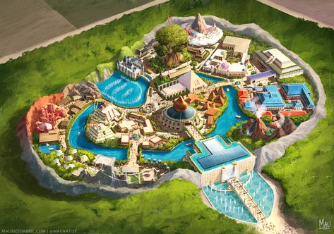 Theme Park Concept Art, Park Concept Art, Theme Park Design, Theme Park Planning, Roller Coaster Tycoon, Storytelling Art, Park Concept, Planet Coaster, Park Design