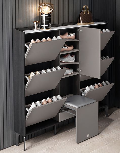 Modern Shoe Rack Design Ideas, Luxury Shoe Cabinet, Shoe Storage Cabinet Entryway, Shoe Rack Cabinet Design, Narrow Shoe Cabinet, Smart Houses, Shoe Cabinet Design, Bed Designs With Storage, Luxury Closets Design