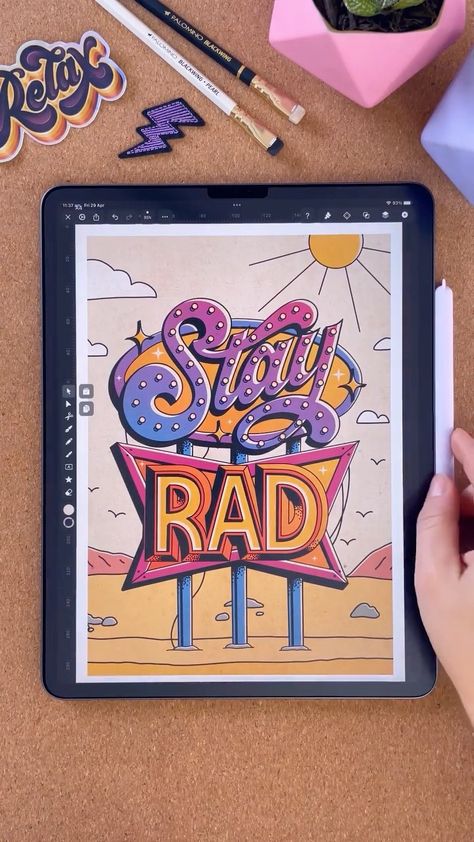 Procreate World on Instagram: “The retro sign illustration 👉🏼 Follow @procreate.world to help us grow the community. • • 🎨 Support the artist: @aureliemaron . . .…” Retro Procreate, Brush Lettering Quotes, Procreate Ipad Tutorials, Retro Signs, الفن الرقمي, Procreate Tips, Ipad Tutorials, Sign Illustration, Illustrator Design Tutorial