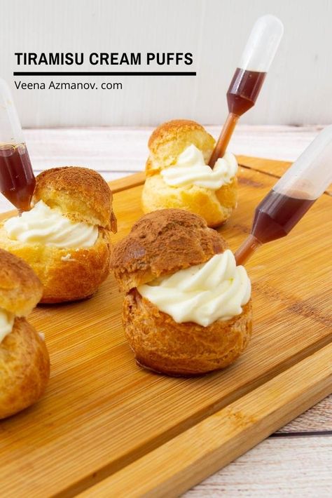 Add the flavors of tiramisu to your next batch of cream puffs. These tiramisu cream puffs are made with choux pastry then filled with mascarpone cream and injected with infused coffee #tiramisu #creampuffs #creampuffrecipe #chouxpastry #tiramisucreampuffs #creampuffchouxpastry #chouxpastrycreampuffs #howtopastry #masterclass #pastrycream #mascarpone #tiramisurecipes Tiramisu Video, Cream Puff Flavors, Tiramisu Cream, Traditional Tiramisu, Coffee Tiramisu, Homemade Cream Puffs, Choux Cream, Eclair Recipe, Cream Puff Recipe