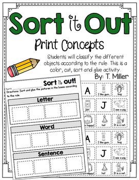 Print Concepts Kindergarten, Concepts Of Print Activities, Concepts Of Print Kindergarten, Sorting Worksheet, Concepts Of Print, Letter Sort, Guided Reading Kindergarten, Reading Stations, Kindergarten Language Arts