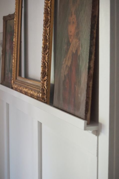 Chair Rail Ledge Shelf, Picture Ledge Molding, Vintage Picture Ledge, Diy Picture Shelf Ledge, Ledge Around Room, Wainscoting With Picture Ledge, Beadboard Picture Ledge, Ledge Above Front Door, Wood Detail On Walls