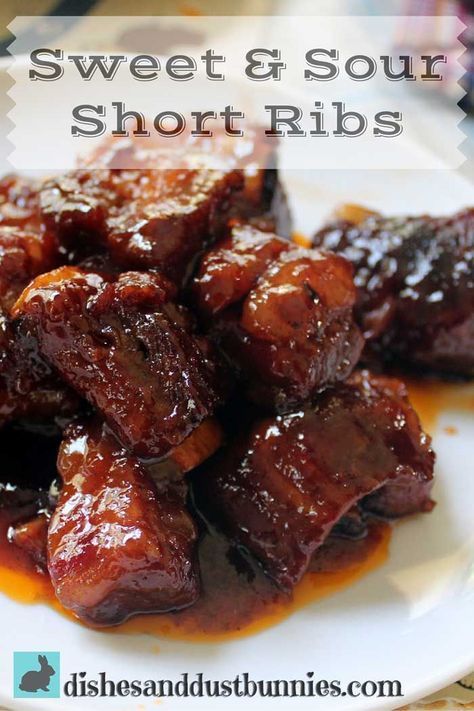 Sweet Sour Short ribs.  I added savory along with the sage, Marinated  the ribs in worcheshire, garlic and red wine before Browning and thickened sauce with corn starch. Braised in slow cooker. Sweet And Sour Short Ribs, Babi Panggang, Rib Sauce, Beef Short Rib Recipes, Short Ribs Recipe, Dust Bunnies, Beef Ribs, Rib Recipes, Pork Dishes