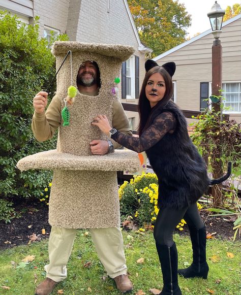 Cat And Scratching Post Costume, Grey Cat Halloween Costume, Male Cat Costume, Family Cat Costumes, Cat Couples Costume, Cat Family Costume, Easy Mens Halloween Costumes Diy, Cat Couple Costume, Mens Cat Costume