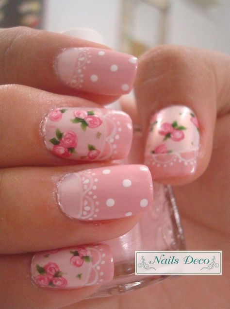 Pink roses with lace, white dots. Love the vintage style ♡ ♡ Rose Nail Design, Pink Nail Art Designs, Lace Nail Art, Rose Nail Art, Lace Nails, Vintage Nails, Pink Nail Art, White Nail Art, Dots Nails