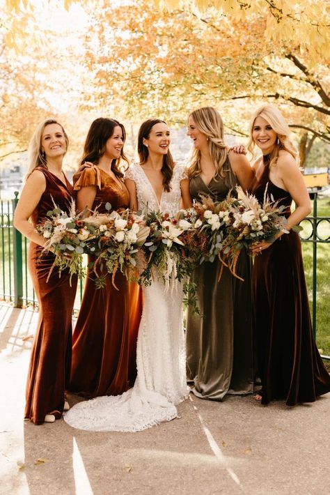 Fall Wedding Bridesmaids, Velvet Bridesmaid, Unique Bridesmaid Dresses, Fall Bridesmaids, Fall Bridesmaid Dresses, Velvet Bridesmaid Dresses, Bridesmaid Gowns, Mismatched Bridesmaid Dresses, Bridesmaid Dress Colors